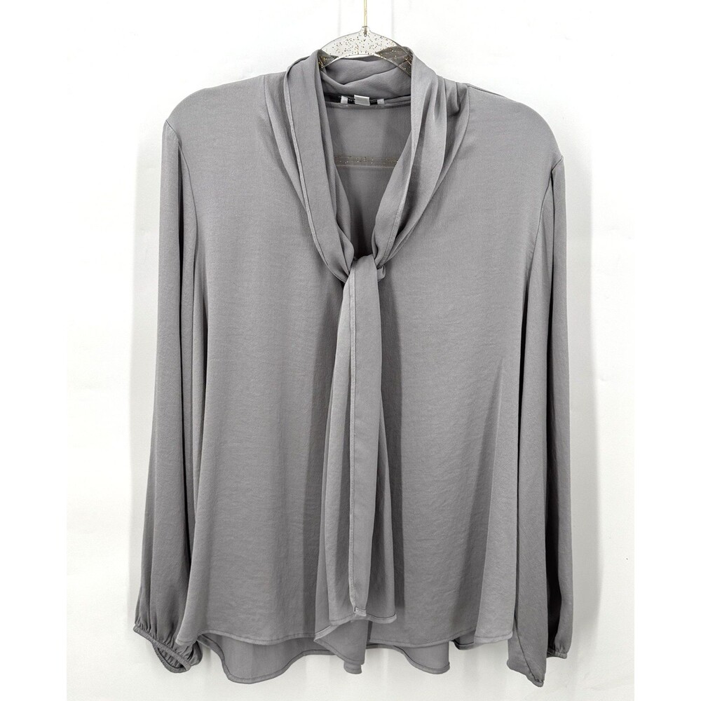 Bar III Blouse Women XL Platinum Gray Tie Neck Balloon Sleeve Satin Career Top